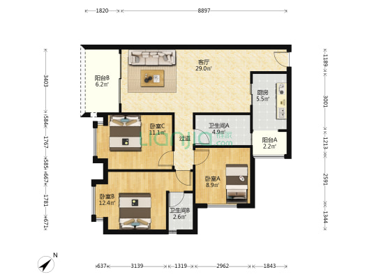 金沙洲新社区二区 3室1厅2卫 107平方
