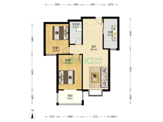 水岸花城 两居室  向阳户型  低楼层-户型图