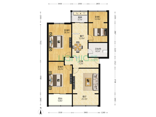 中学路15号 3室2厅1卫 107平方