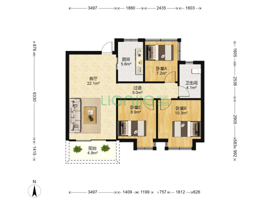 招商雍和府 3室1厅1卫 88平方