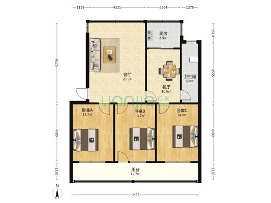 永兴街 3室2厅1卫 120平方