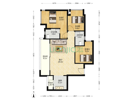 新天泽樾麓台 3室1厅2卫 100平方