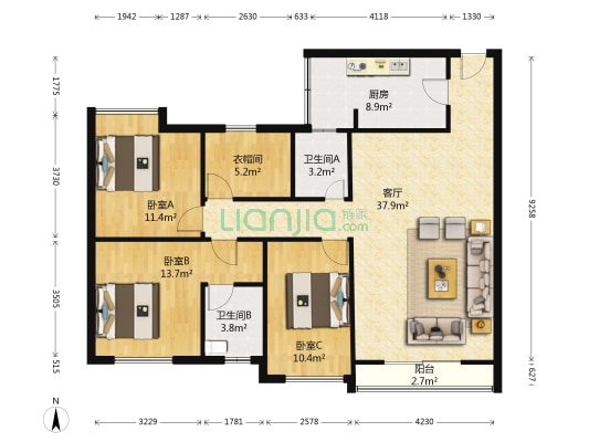 金洲湾 3室1厅2卫 122平方