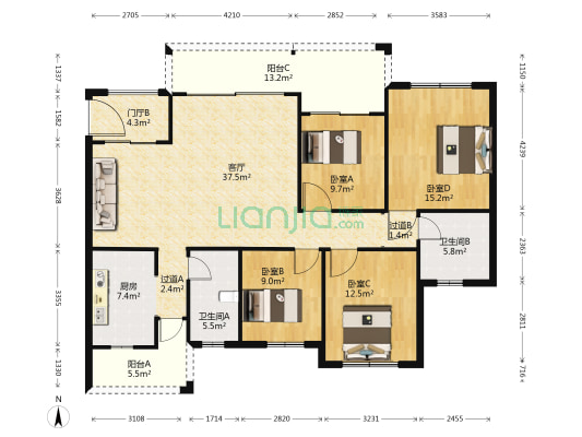 湘诚德峰小区A区 4室1厅2卫 155平方
