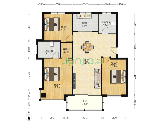 星光家园一期 3室1厅2卫 121平方