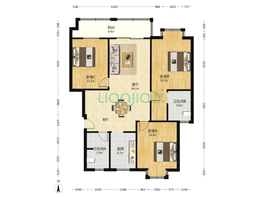 新三园花苑 3室1厅2卫 130平方