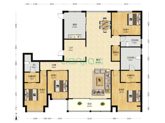 长江尊邸 4室1厅3卫 227平方