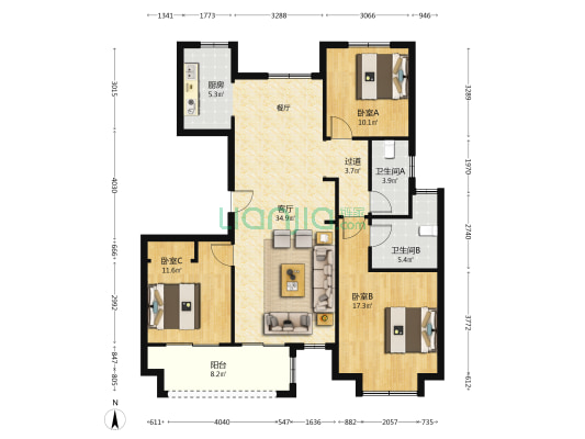 云龙湖峰荟 3室1厅2卫 125平方