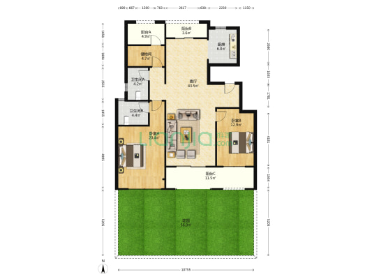 雅居乐天域花园 2室1厅2卫 133平方
