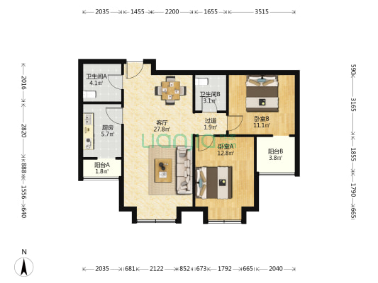 红光家园 2室1厅2卫 97平方