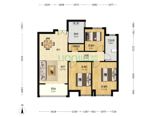 启迪大院儿 3室1厅1卫 110平方