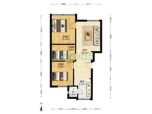 北新区路94号 3室1厅1卫 63平方