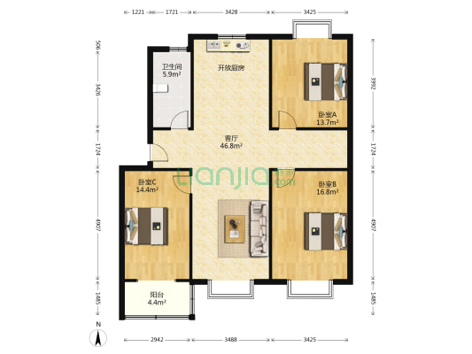 玫苑轩 3室1厅1卫 122平方
