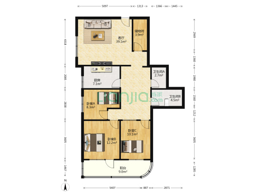 万盛大厦 3室1厅2卫 132平方
