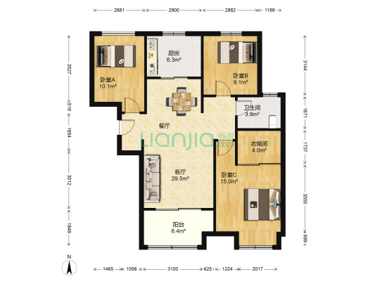 弘阳上湖雅苑 3室1厅1卫 98平方