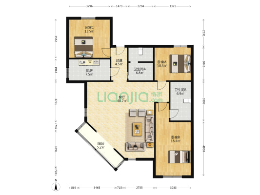崇贤商业中心 3室1厅2卫 144平方