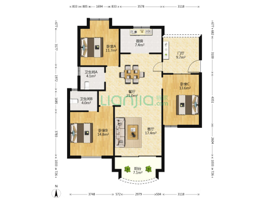 御锦馨河城 3室2厅2卫 134平方