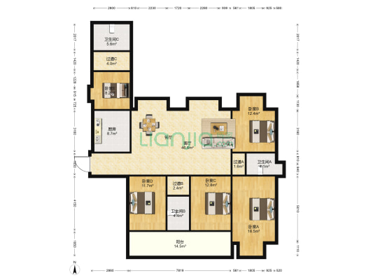 世欧王庄A区 5室1厅3卫 194平方