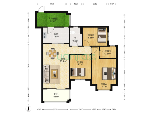山水黔城十组团 3室1厅1卫 114平方