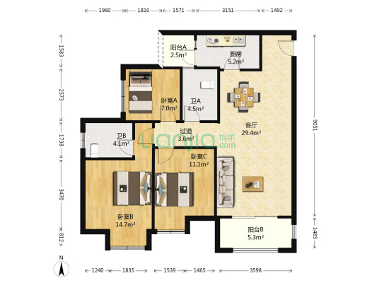 公园大道菁澜一组团 3室1厅2卫 108平方