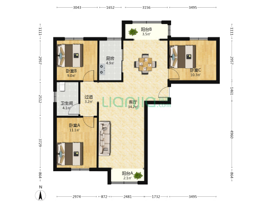 太泉社区府君庙新村 3室1厅1卫 121平方