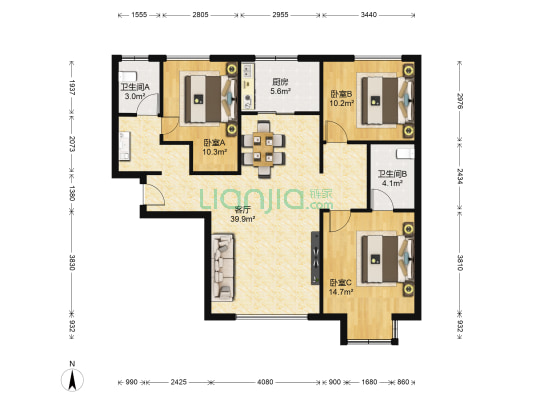 万和上品小区 3室1厅2卫 119平方