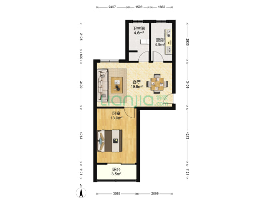 海城花苑 1室1厅1卫 62平方
