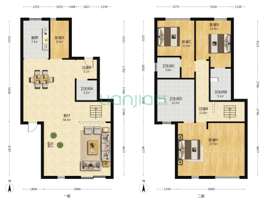 子君山麓城 4室1厅4卫 234平方