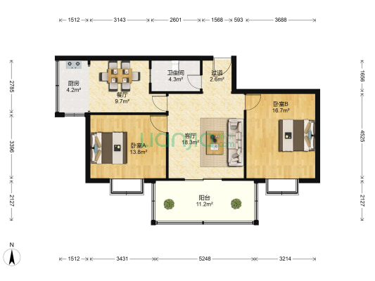 亚通商住楼 2室2厅1卫 117平方