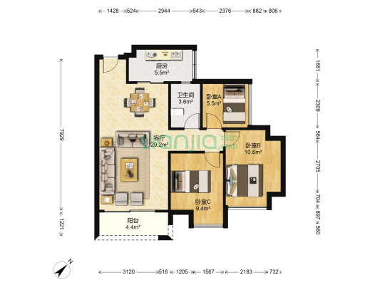 福晟钱隆樽品花园 3室1厅1卫 80平方