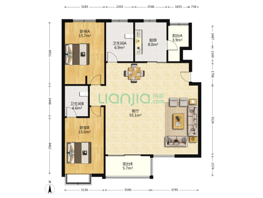 隆和怡海世家 2室1厅2卫 157平方