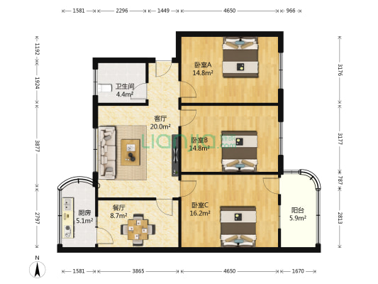 伊甸苑小区 3室2厅1卫 106平方