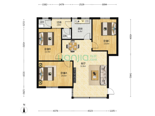人民医院宿舍 3室1厅2卫 93平方