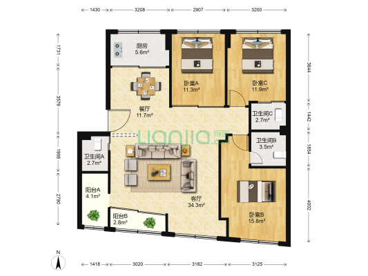 呈祥路21号 3室2厅3卫 135平方