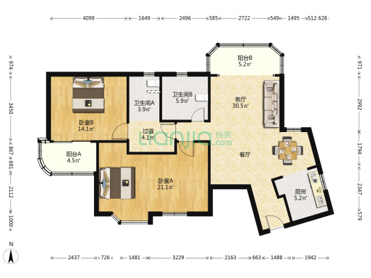 静安丽舍 2室1厅2卫 127平方
