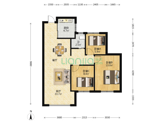 滨海首府茗首阁 3室1厅1卫 89平方