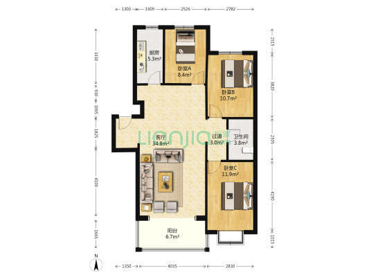兴政家园 3室1厅1卫 108平方