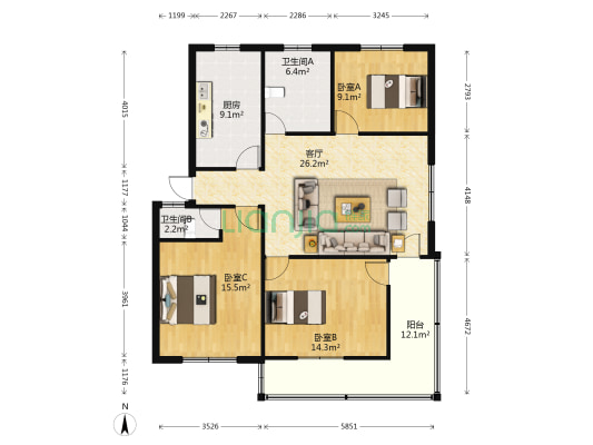 望湖花园南区 3室1厅2卫 106平方