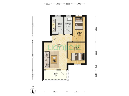  2室1厅1卫 61平方