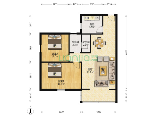 金福小区精装大两房97平2室2厅一厨一卫电梯楼-户型图