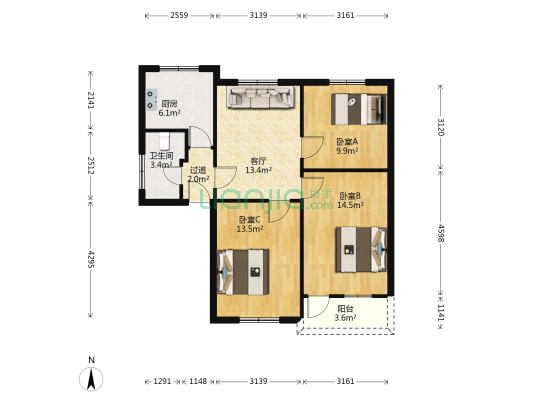 二师附小家属楼 3室1厅1卫 93平方