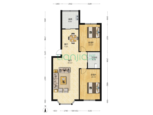 永泰富苑 2室2厅1卫 103平方