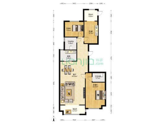 天鹅堡 3室1厅2卫 156平方