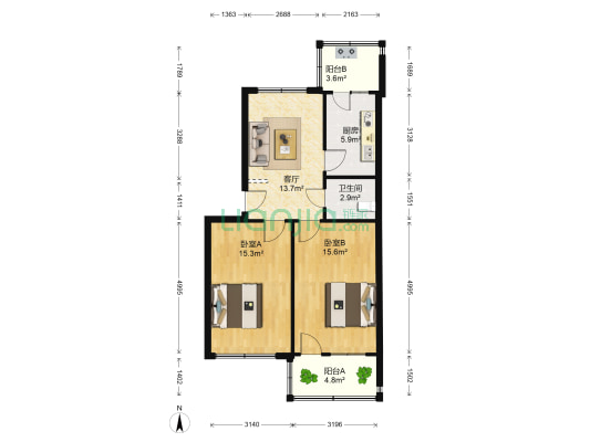 板桥路12号 2室1厅1卫 75平方