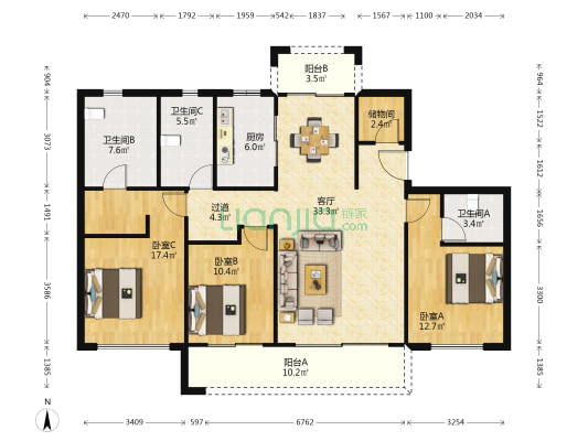 融创玖玺台 3室1厅3卫 146平方
