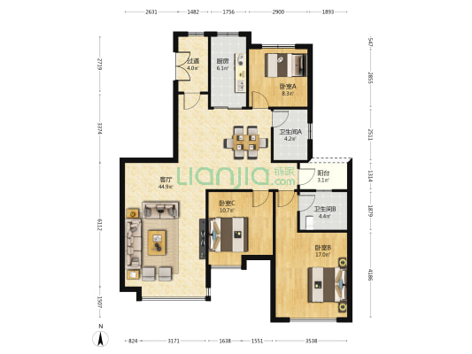 恒大四季上东一期 3室1厅2卫 137平方