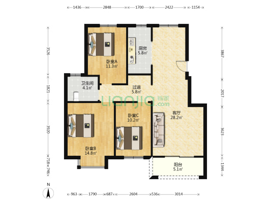丹湖小区B区 3室1厅1卫 104平方