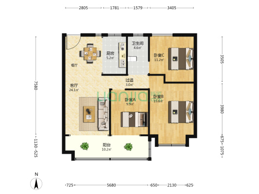 颐和珑园 3室1厅1卫 107平方