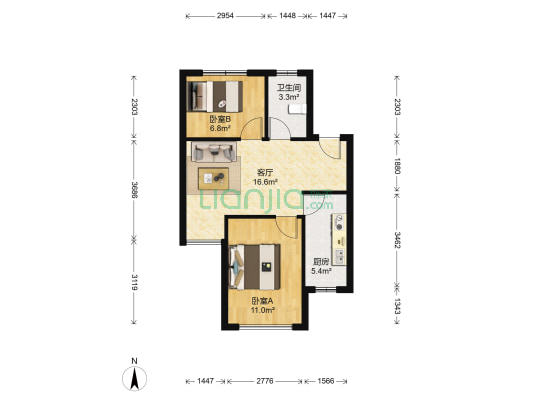 西城书苑 2室1厅1卫 60平方