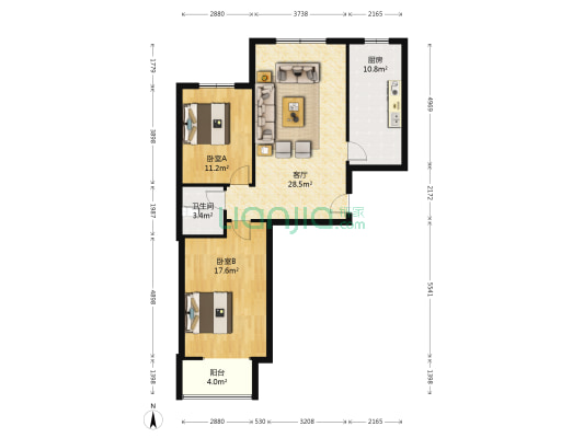 天保绿城 2室1厅 南 北-户型图